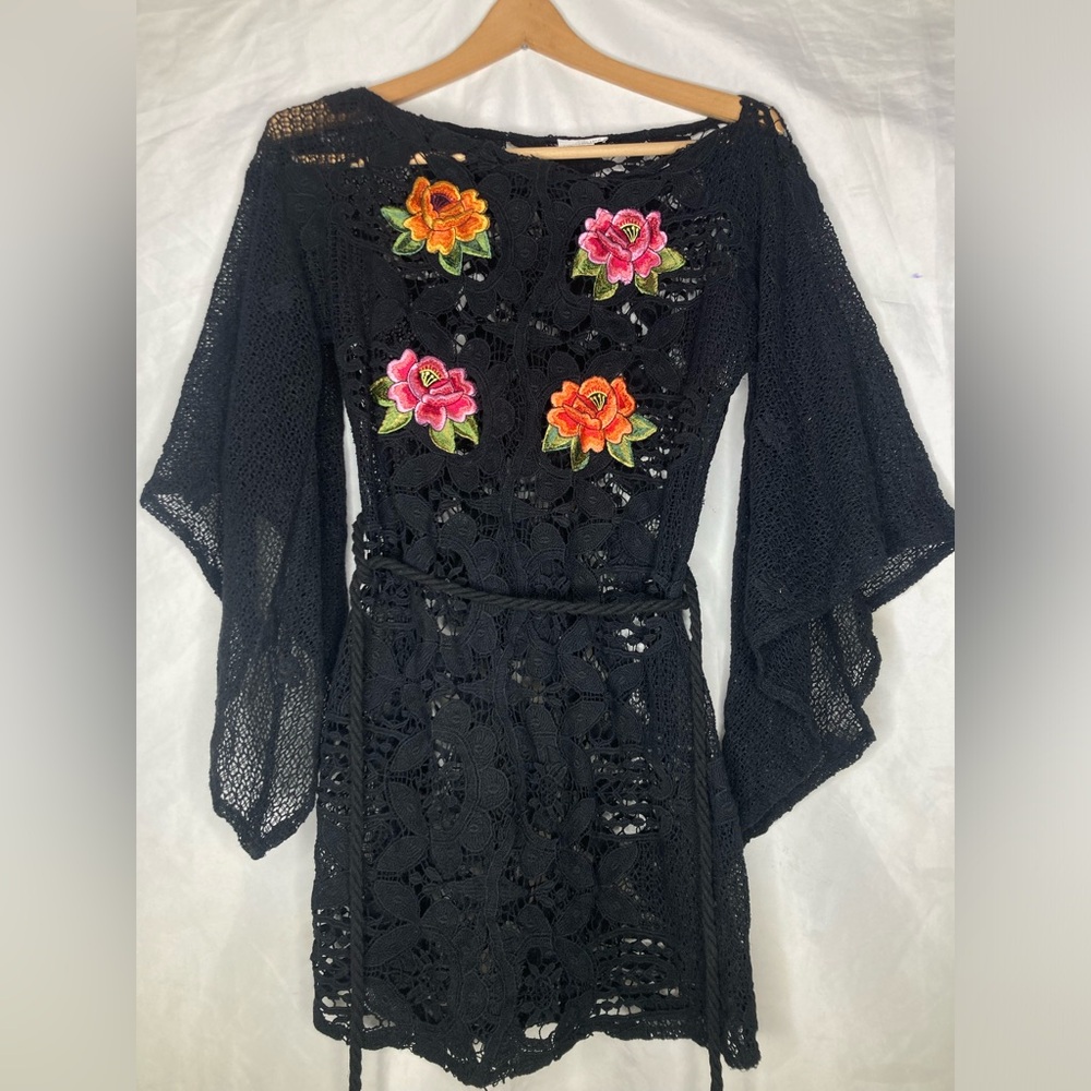 Miguelina Black Crochet Tunic with Pink & Orange Floral Appliqués